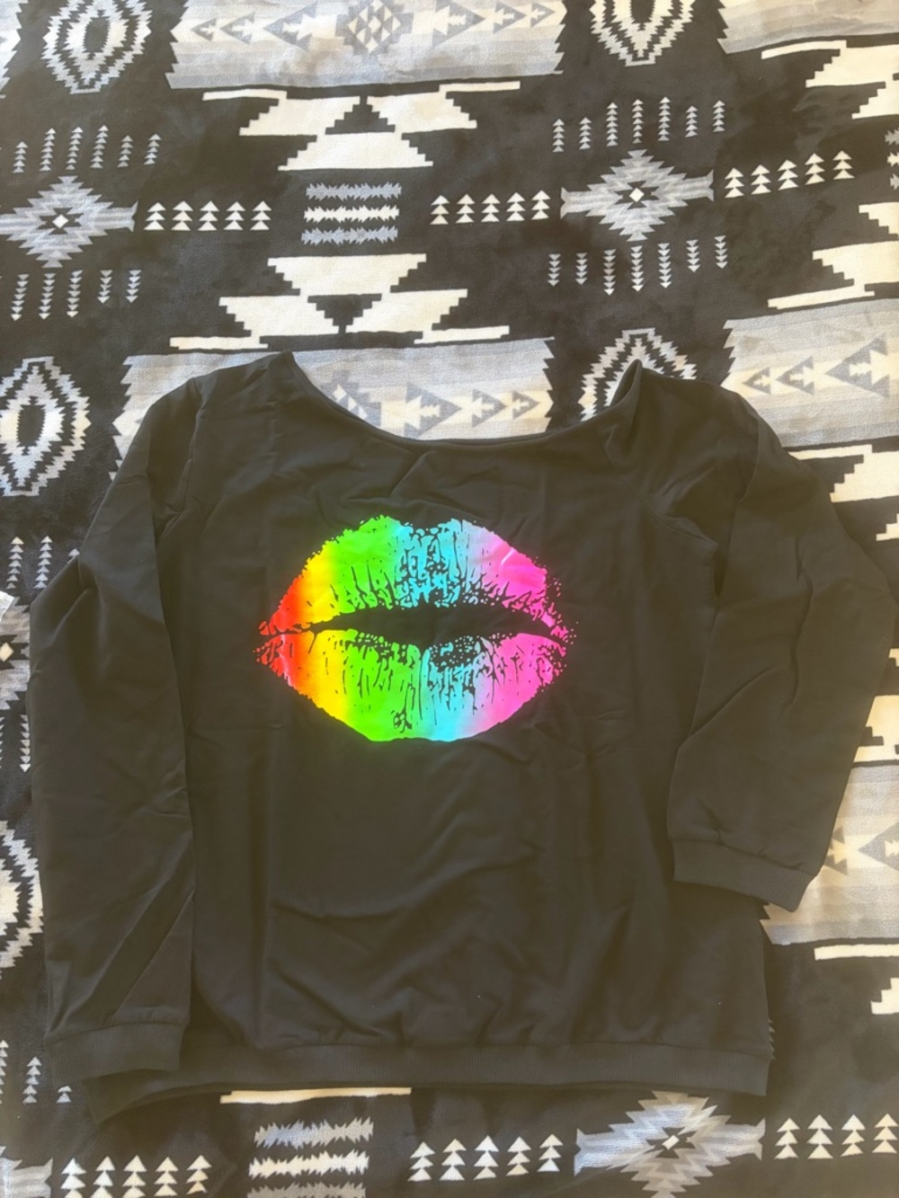 Magic Black Long Sleeve Top with Rainbow Lip Print